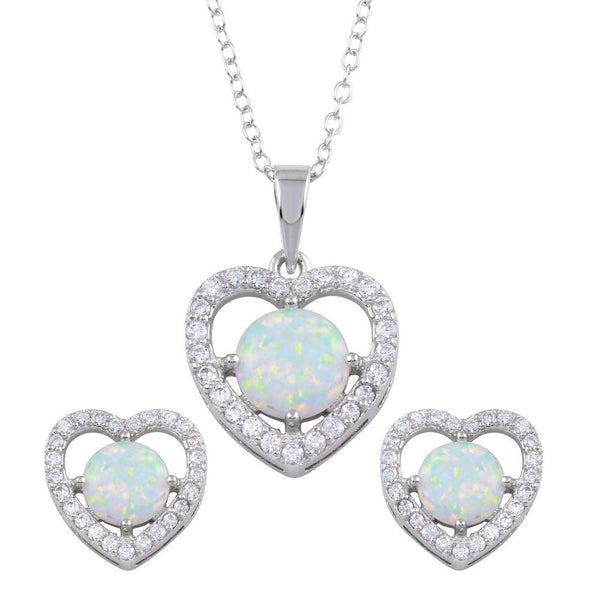 Silver 925 Rhodium Plated Synthetic Opal Heart CZ Set - BGS00585 | Silver Palace Inc.