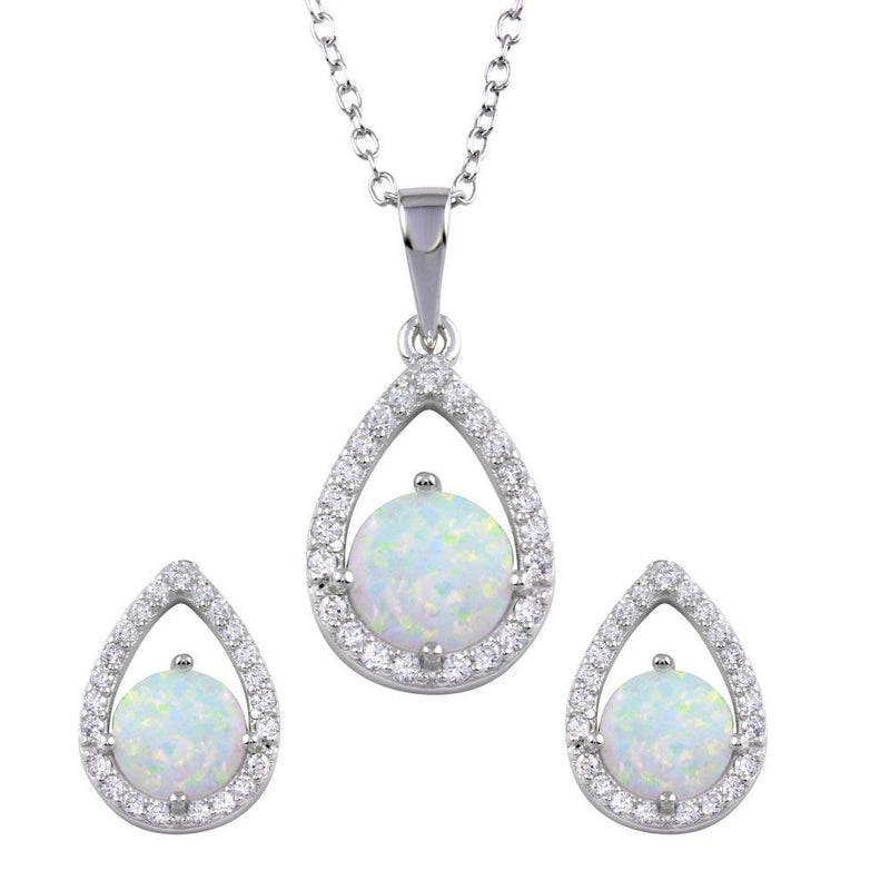 Silver 925 Rhodium Plated Synthetic Opal Open Teardrop CZ Set - BGS00586 | Silver Palace Inc.