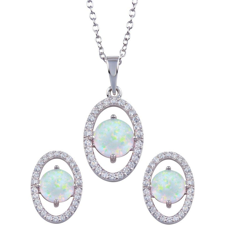 Silver 925 Rhodium Plated Synthetic Opal Center Open Oval CZ Set - BGS00587 | Silver Palace Inc.