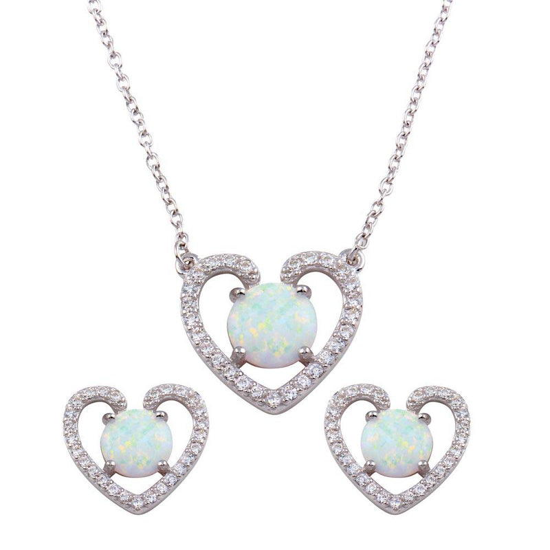 Silver 925 Rhodium Plated Synthetic Opal Open Heart CZ Set - BGS00589 | Silver Palace Inc.