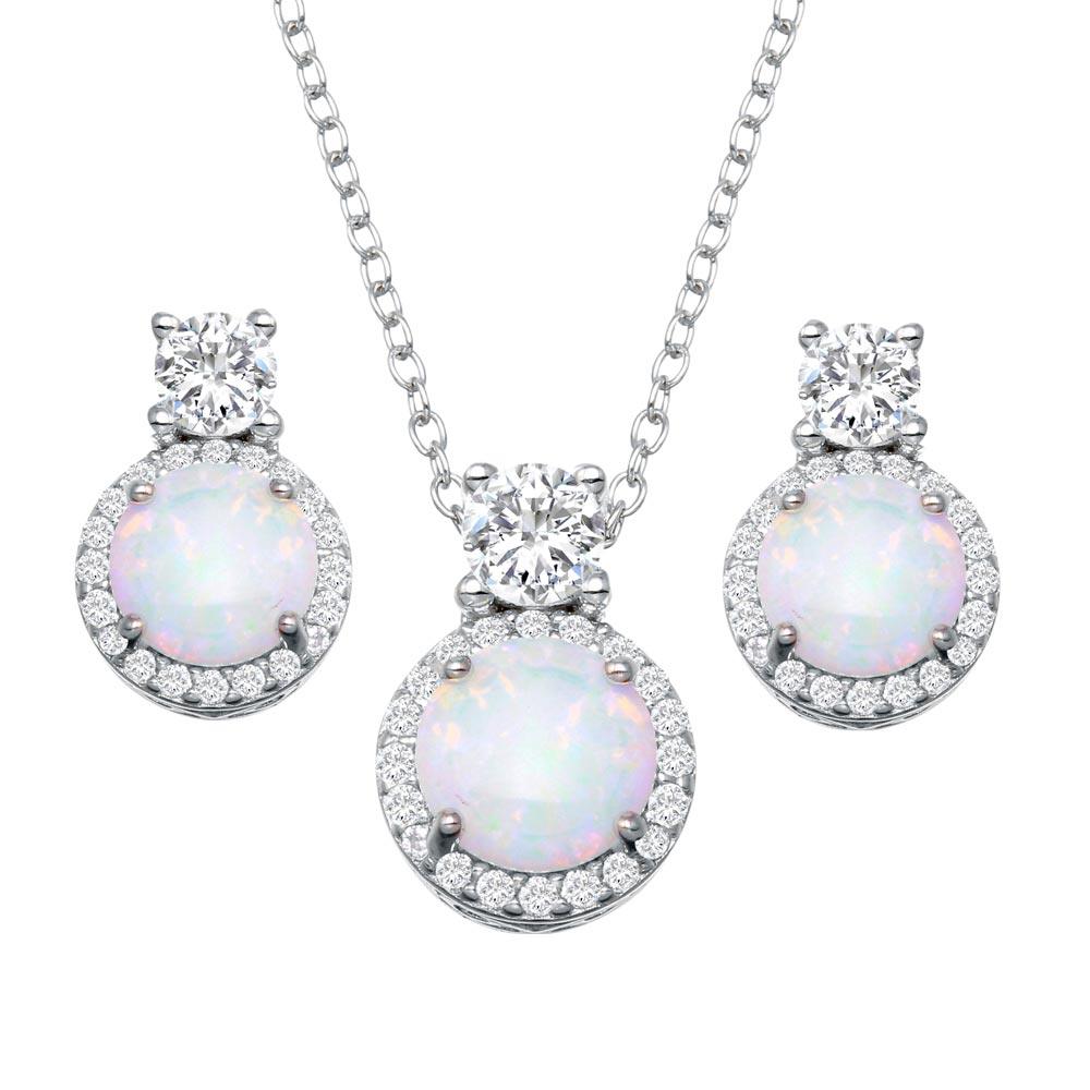 Silver 925 Rhodium Plated Round Synthetic Opal Halo Set with CZ - BGS00596 | Silver Palace Inc.