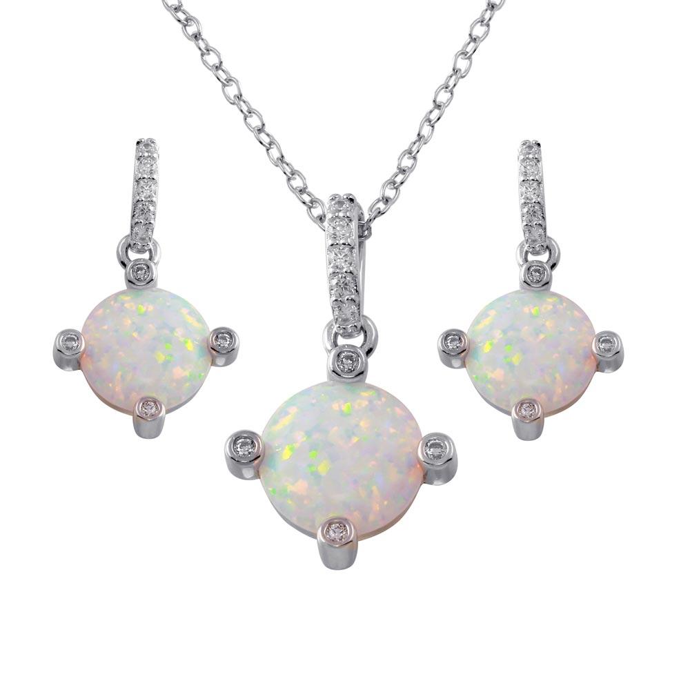Silver 925 Rhodium Plated Round Synthetic Opal 4 Corner CZ Set - BGS00597 | Silver Palace Inc.