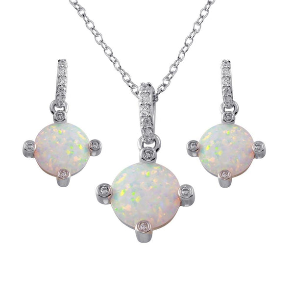 Silver 925 Rhodium Plated Round Synthetic Opal  4 Corner CZ Set - BGS00597 | Silver Palace Inc.