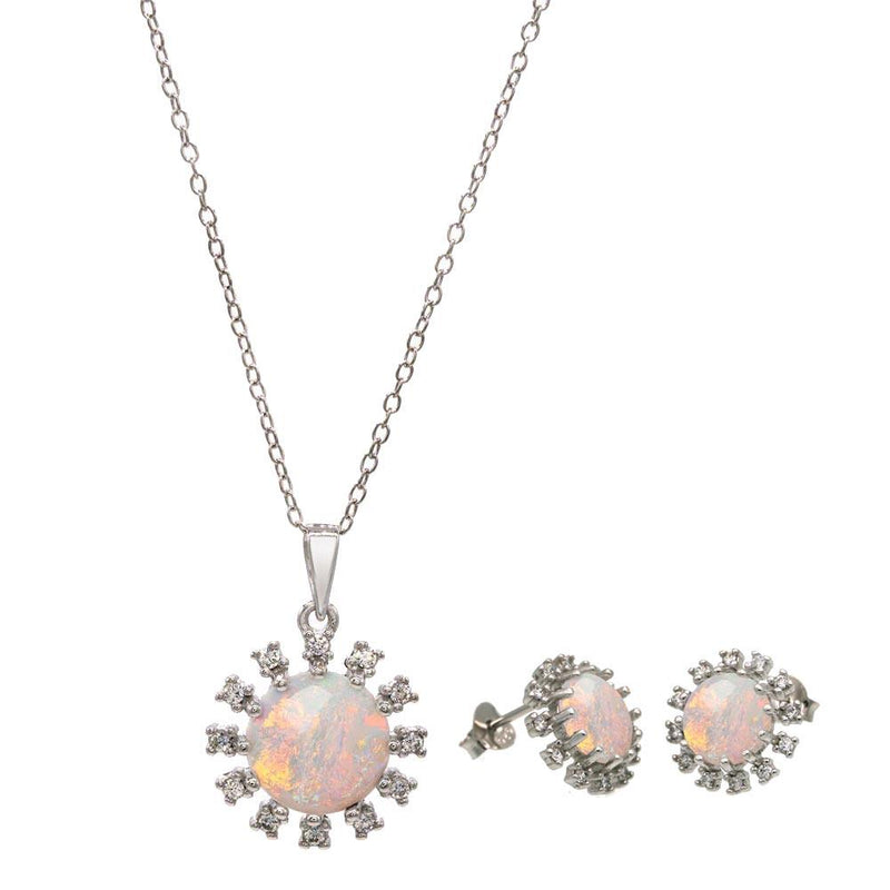 Rhodium Plated 925 Sterling Silver Flower Synthetic Opal Halo Set with CZ - BGS00602 | Silver Palace Inc.