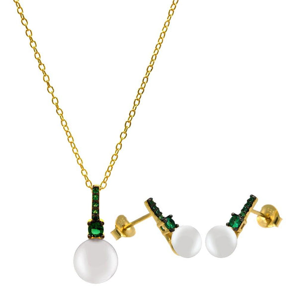 Silver 925 Gold Plated Synthetic Mother of Pearl Set with Green CZ - BGS00603 | Silver Palace Inc.