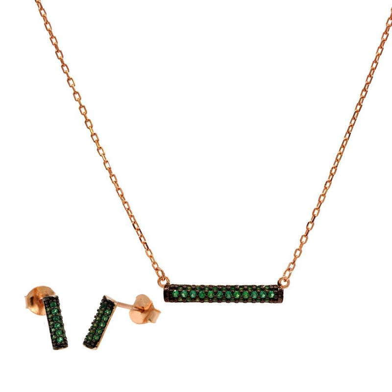 Silver 925 Rose Gold Plated Bar Necklace and Earring Set with Green CZ Stones- BGS00604 | Silver Palace Inc.