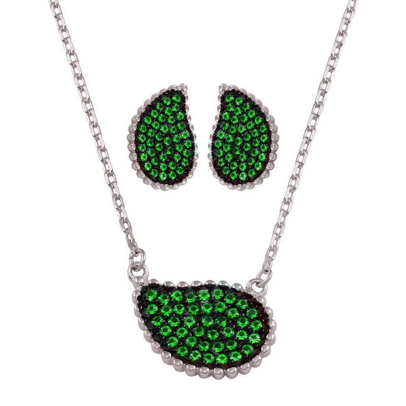 Rhodium Plated 925 Sterling Silver Green CZ Encrusted Teardrop Set - BGS00605GRN | Silver Palace Inc.