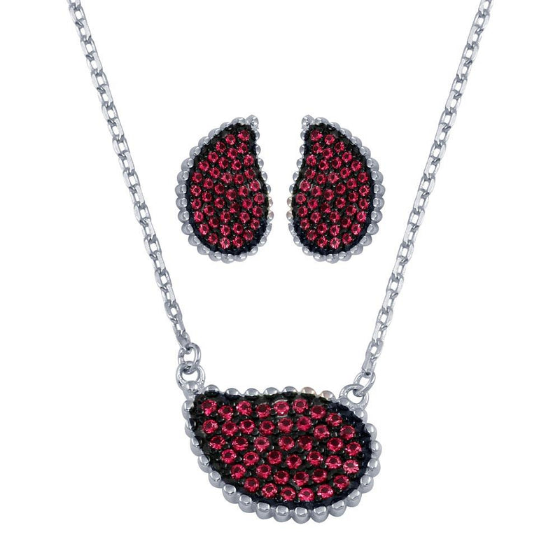 Rhodium Plated 925 Sterling Silver Red CZ Encrusted Teardrop Set - BGS00605RED | Silver Palace Inc.