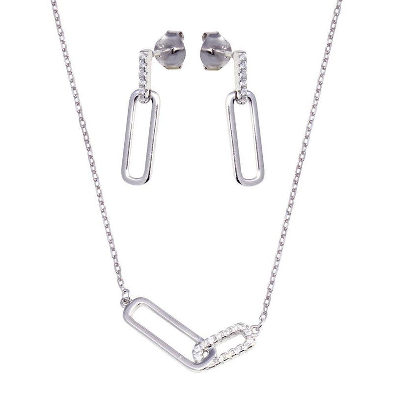 Rhodium Plated 925 Sterling Silver Bar Necklace and Earring Set with Clear CZ Stones- BGS00606 | Silver Palace Inc.