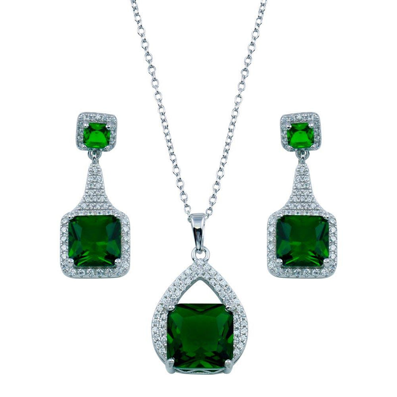 Rhodium Plated 925 Sterling Silver Teardrop Pendant Square Earring Green CZ Set - BGS00608 | Silver Palace Inc.