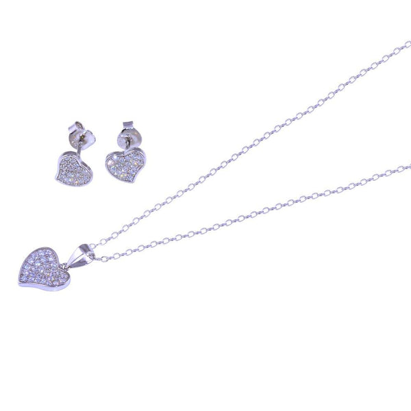 Rhodium Plated 925 Sterling Silver Curved Heart Necklace and Earring Set with Clear CZ Stones- BGS00611 | Silver Palace Inc.