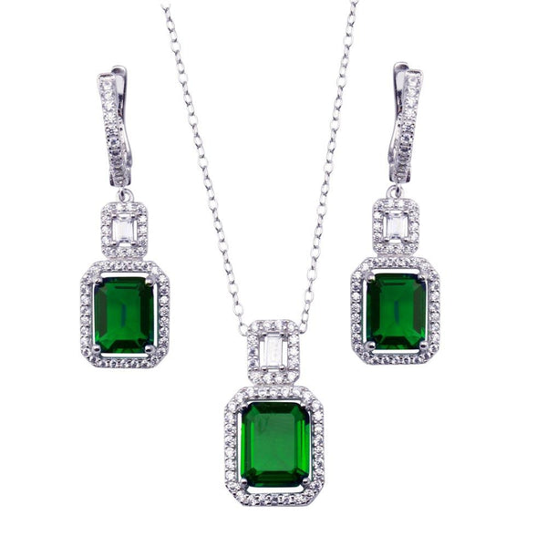 Rhodium Plated 925 Sterling Silver Square Emerald Center CZ Stone Set - BGS00612 | Silver Palace Inc.