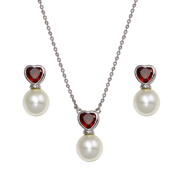 Silver 925 Rhodium Plated Red CZ Heart Dangling Pearl Set - BGS00613 | Silver Palace Inc.