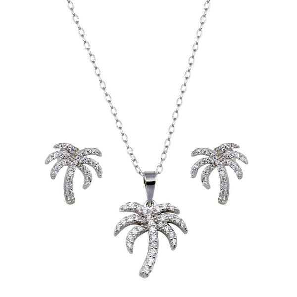 Rhodium Plated 925 Sterling Silver Palm Tree CZ Earring and Pendant Set - BGS00615 | Silver Palace Inc.