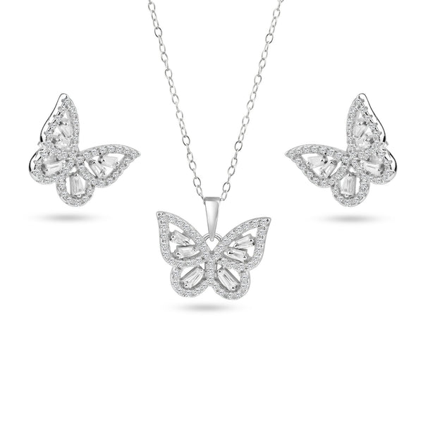 Silver 925 Rhodium Butterfly Clear Baguette CZ Earring and Pendant Set - BGS00616 | Silver Palace Inc.
