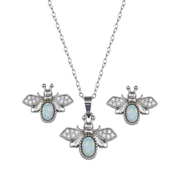 Rhodium Plated 925 Sterling Silver Opal and Clear Bumblebee Earring and Pendant Set - BGS00617 | Silver Palace Inc.