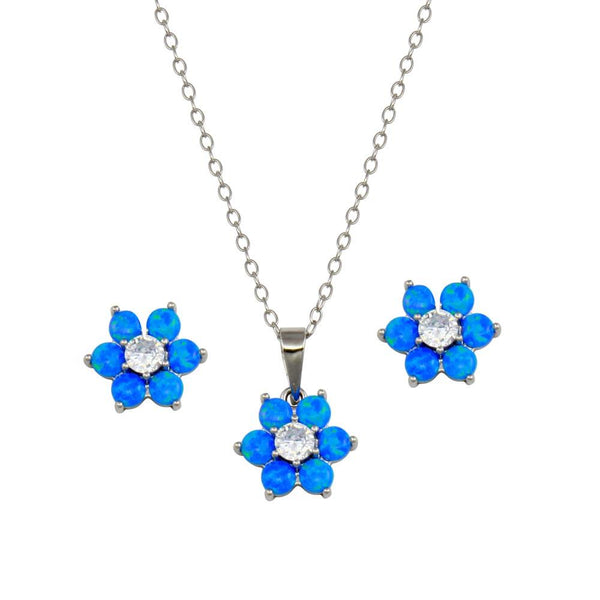 Rhodium Plated 925 Sterling Silver Blue Opal and Clear CZ Flower Earring and Pendant Set - BGS00618 | Silver Palace Inc.