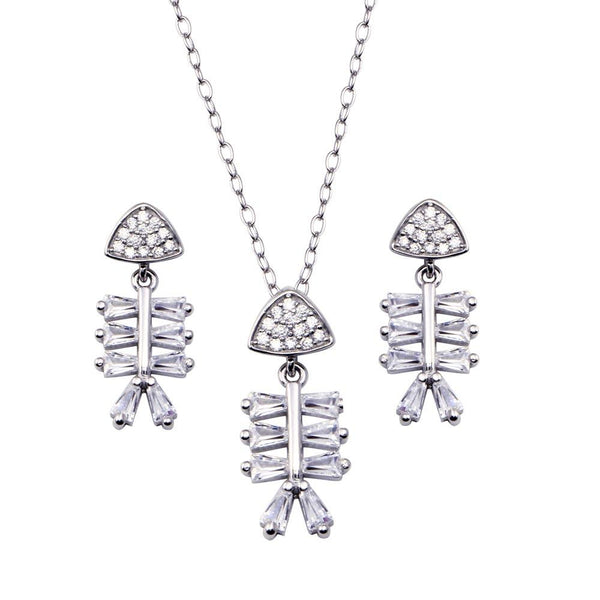 Rhodium Plated 925 Sterling Silver Fishbone Baguette Clear CZ Earring and Pendant Set - BGS00619 | Silver Palace Inc.