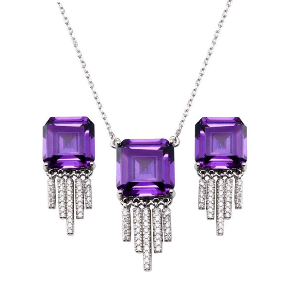 Silver 925 Rhodium Plated Square Halo Amethyst Dangling Clear CZ Earring and Pendant Set - BGS00620 | Silver Palace Inc.