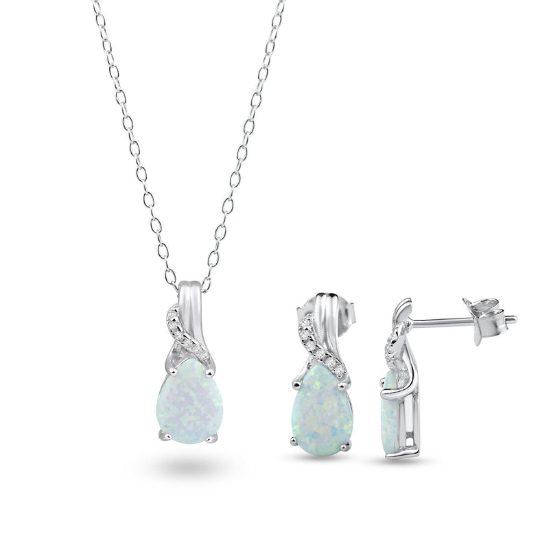 Rhodium Plated 925 Sterling Silver Teardrop Opal and Clear CZ Earring and Pendant Set - BGS00621 | Silver Palace Inc.