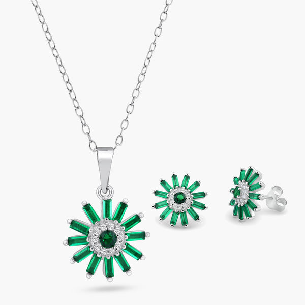 Rhodium Plated 925 Sterling Silver Green CZ Sunflower CZ Sets - BGS00622GRN | Silver Palace Inc.