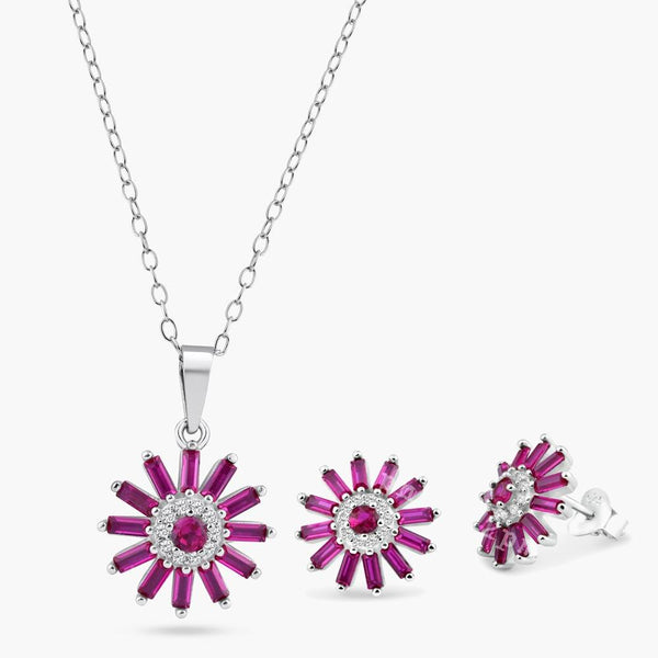 Rhodium Plated 925 Sterling Silver Red CZSunflower CZ Sets - BGS00622RED | Silver Palace Inc.