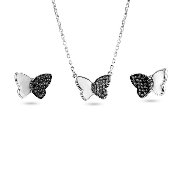 Silver 925 Rhodium Butterfly Clear CZ and Mother of Pearl Earring and Pendant Set - BGS00623 | Silver Palace Inc.