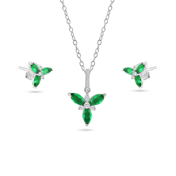 Silver 925 Rhodium Flower Green and Clear CZ Earring and Pendant Set - BGS00624 | Silver Palace Inc.