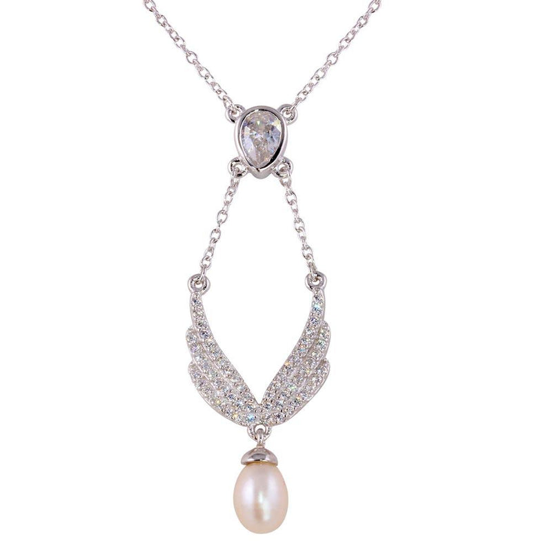 Silver 925 Rhodium Plated Wings Necklace with CZ and Synthetic Pearl - BGP01275 | Silver Palace Inc.
