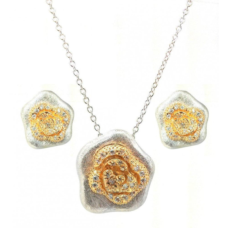 Closeout-Silver 925 Rhodium and Gold Plated Flower Clear CZ Stud Earring and Necklace Set - BGS00114 | Silver Palace Inc.