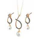 Silver 925 Black Rhodium and Gold Plated Open Overlap Teardrop Oval Pearl CZ Hanging Stud Earring and Hanging Necklace Set - BGS00304 | Silver Palace Inc.