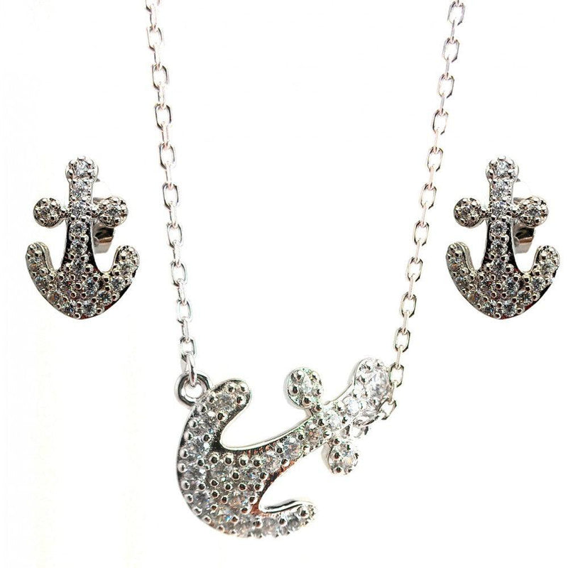 Silver 925 Rhodium Plated Pave Set Clear Anchor CZ Stud Earring and Necklace Set - BGS00307 | Silver Palace Inc.