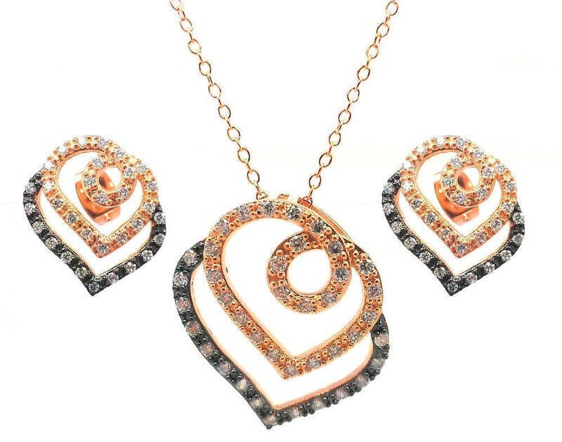 Closeout-Silver 925 Black Rhodium and Gold Plated Open Curl Heart Clear CZ Stud Earring and Necklace Set - BGS00310 | Silver Palace Inc.