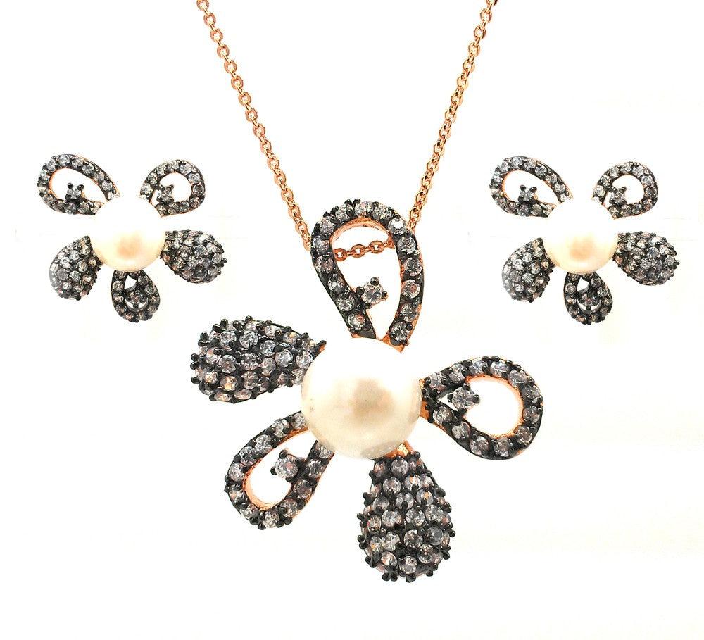 Closeout-Silver 925 Black Rhodium and Gold Plated Pearl Clear Flower CZ Stud Earring and Necklace Set - BGS00317 | Silver Palace Inc.