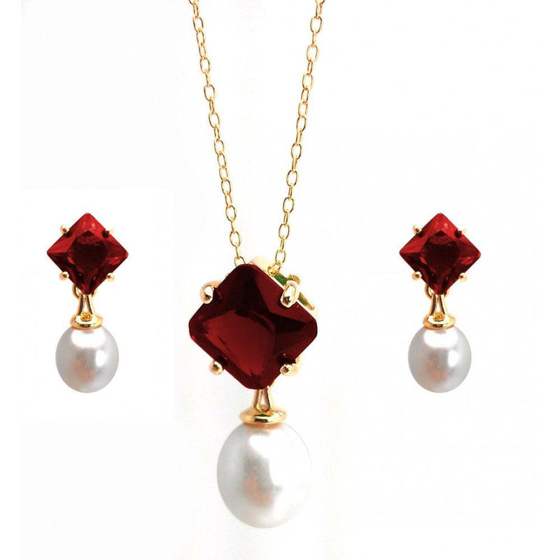 Silver 925 Gold Plated Pearl Drop Diamond Shaped Red CZ Dangling Stud Earring and Dangling Necklace Set - BGS00432RED | Silver Palace Inc.