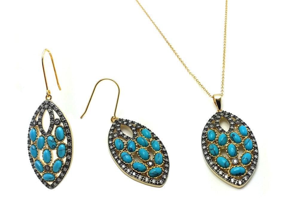 Silver 925 Black Rhodium and Gold Plated Turquoise Marquise Shaped Set - BGS00438 | Silver Palace Inc.