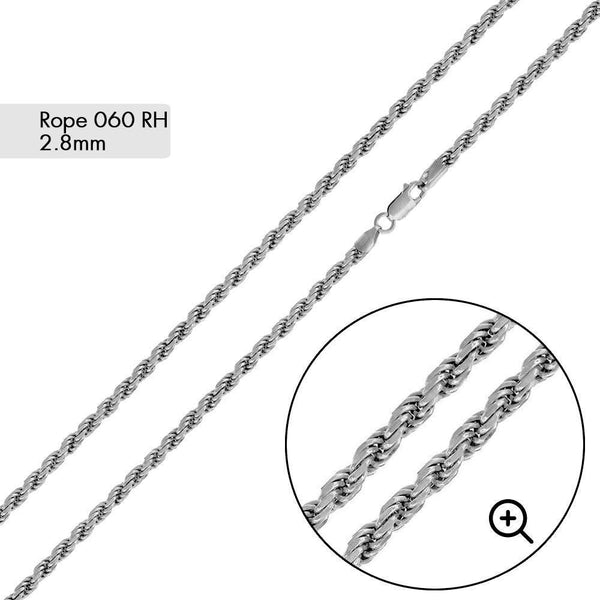 Rhodium Plated Rope 060 Chain 2.8mm - CH189 RH | Silver Palace Inc.