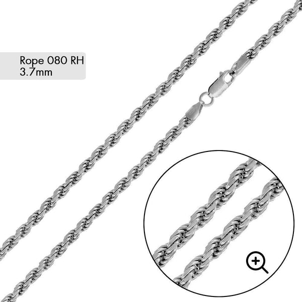 Rhodium Plated Rope 080 Chain 3.7mm - CH191 RH | Silver Palace Inc.