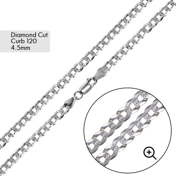 Curb 120 1 Side Diamond Cut 1 Side Plain Chain 4.5mm - CH628 | Silver Palace Inc.