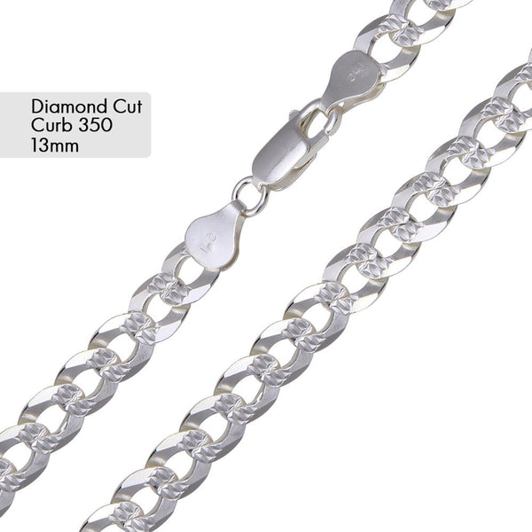 Curb 350 1 Side Diamond Cut 1 Side Plain Chain 13mm - CH635 | Silver Palace Inc.