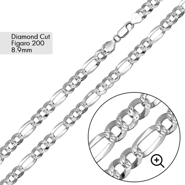 Diamond Cut Figaro 200 Chain 8.9mm - CH639 | Silver Palace Inc.