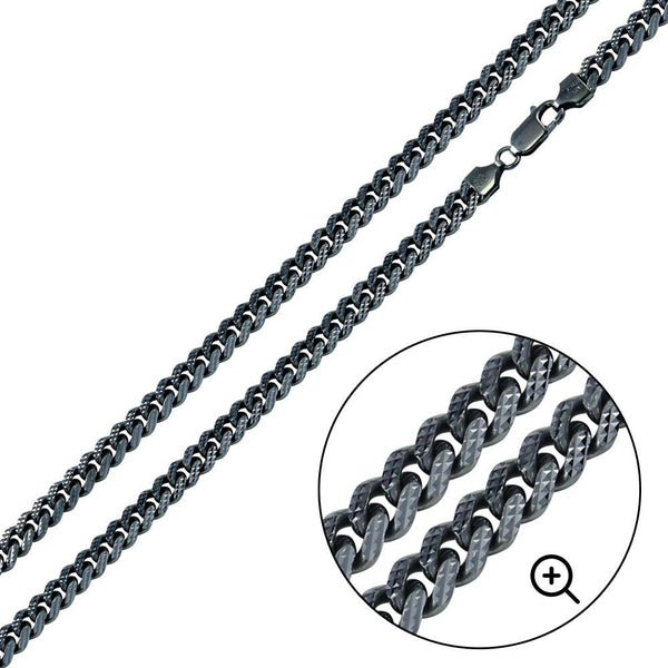 Silver 925 Black Rhodium Miami Curb Platinlux Plated One Sided Pyramid Pave 180 6.3mm Chain - CH955 BLK | Silver Palace Inc.
