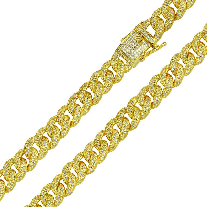 Silver 925 Gold Plated CZ Encrusted Curb Chains 11.7mm - CHCZ104 GP | Silver Palace Inc.