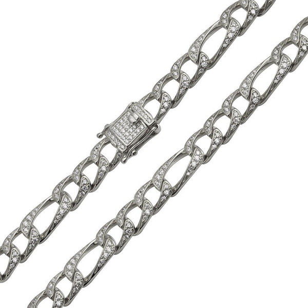 Silver 925 Rhodium Plated CZ Encrusted Figaro Chains 8.2mm - CHCZ112 RH | Silver Palace Inc.