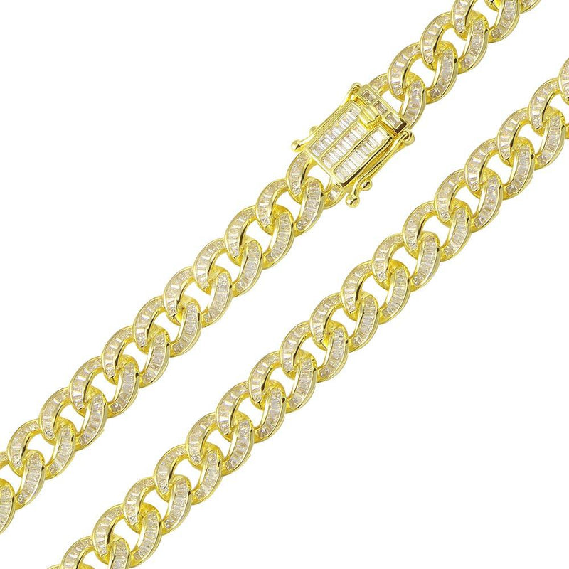 Silver 925 Gold Plated Baguette CZ Encrusted Curb Chains 10.9mm - CHCZ116 GP | Silver Palace Inc.