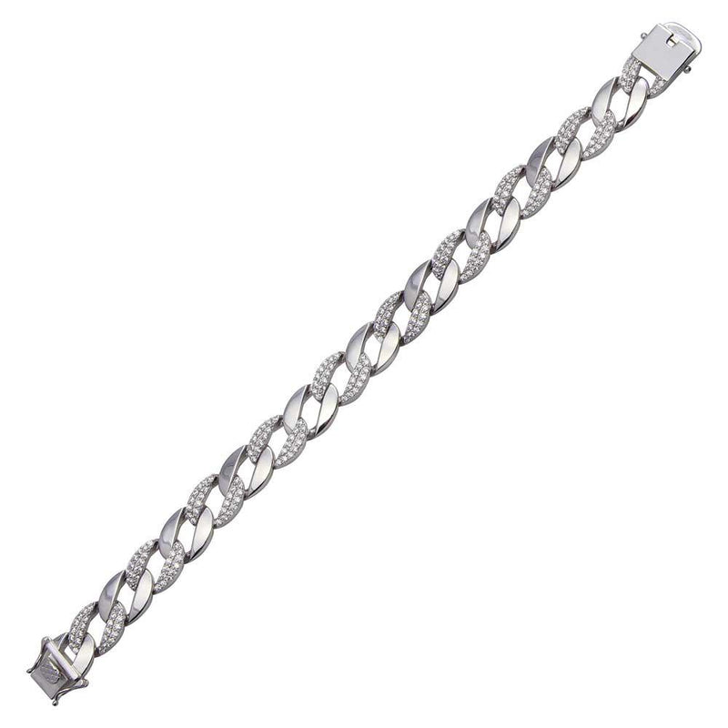 Rhodium Plated 925 Sterling Silver Alternate CZ Round Curb Bracelet  - CSLB00002 | Silver Palace Inc.