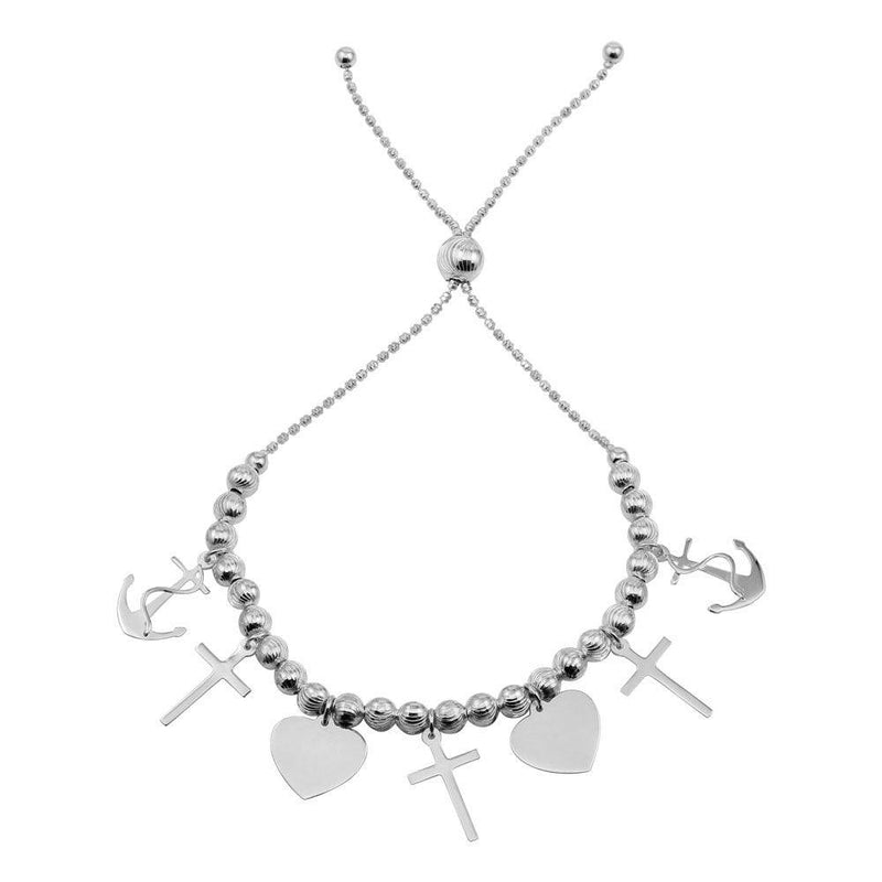 Silver 925 Rhodium Plated Heart, Cross, and Rhodium Charm Bracelet - DIB00040RH | Silver Palace Inc.