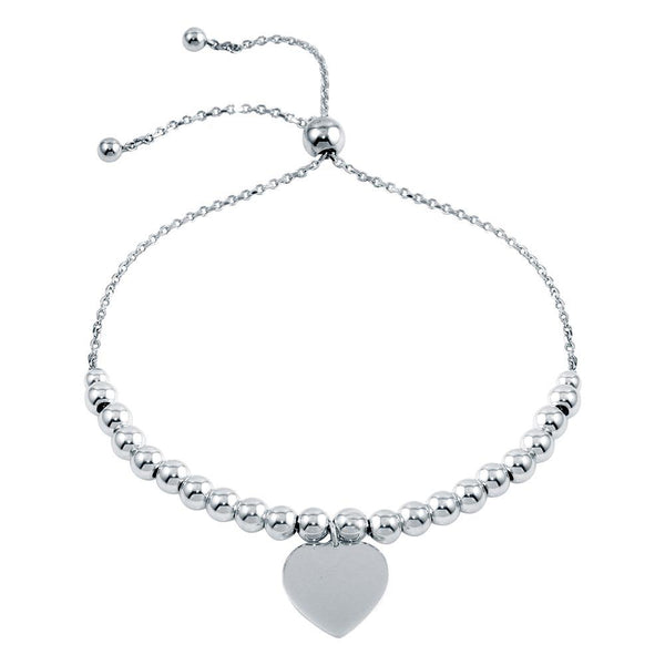 Silver 925 Rhodium Plated Beaded Engravable Heart Lariat Bracelet - DIB00064RH | Silver Palace Inc.