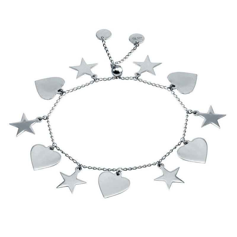 Silver 925 Rhodium Plated Heart and Star Dangling Bracelet - DIB00073RH | Silver Palace Inc.