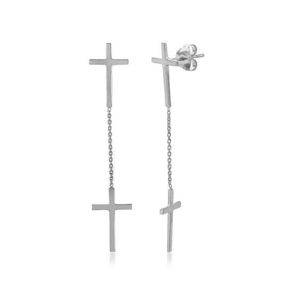 Silver 925 Rhodium Plated Double Hanging Cross Earrings - DIE00001RH | Silver Palace Inc.